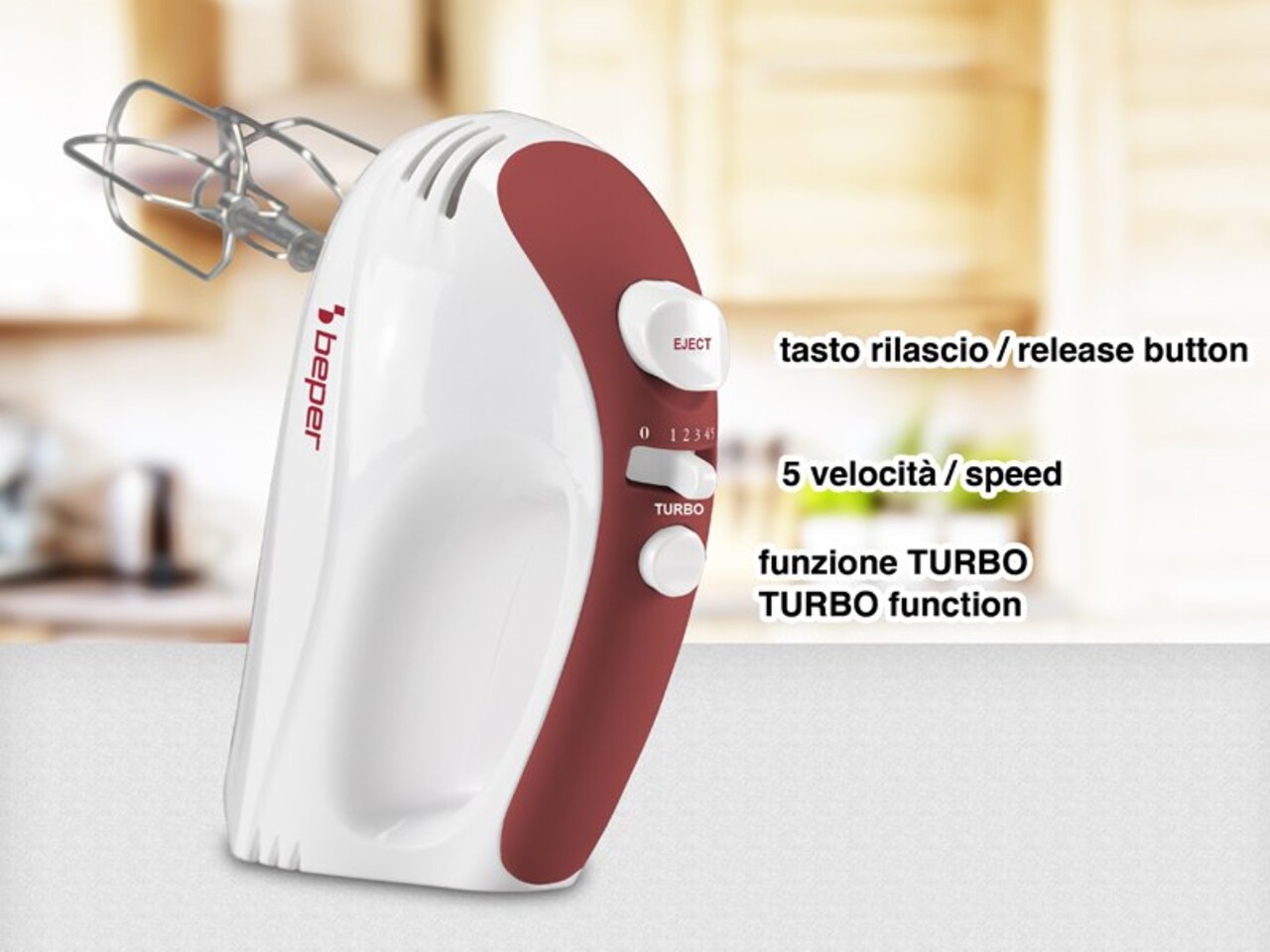 Mixer de mana Beper, 300W, 5 viteze+Turbo, 19.5x7x14 cm, inox, alb/rosu - 1 | YEO
