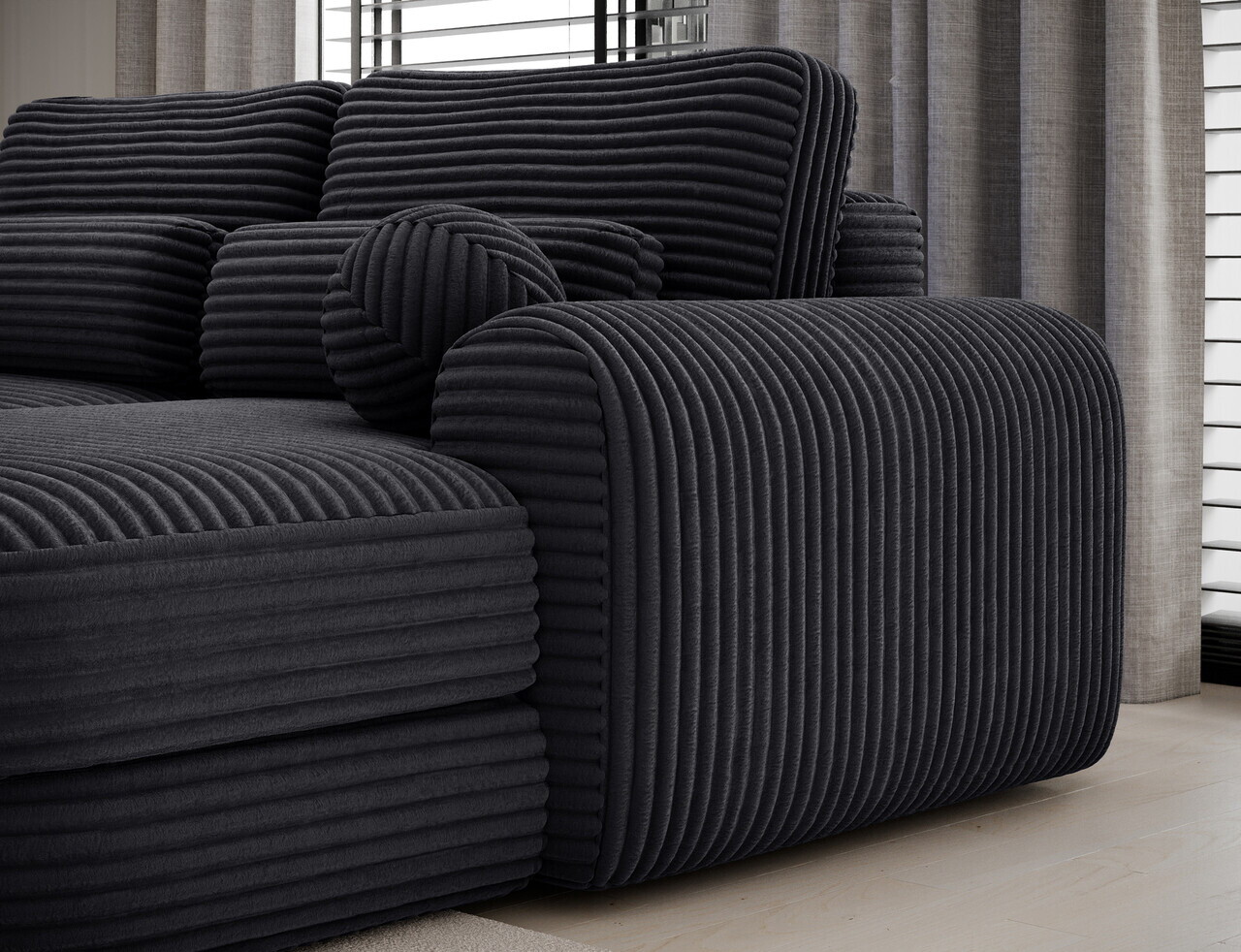 Coltar extensibil dreapta 3 locuri ELTAP, Ripeli, 217x175x96 cm, lemn/catifea din poliester, negru — imaginea 9