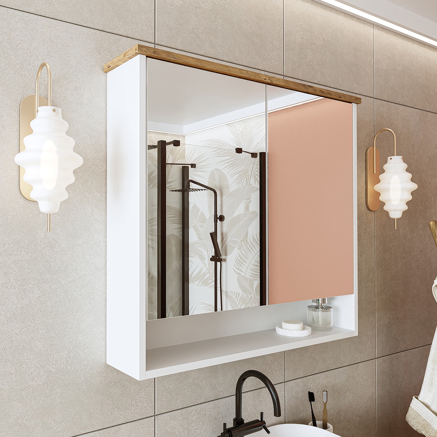 Dulap de baie cu oglindă, Hanah Home, 2181, 82x75x17 cm, MDF-LAM, Alb mat