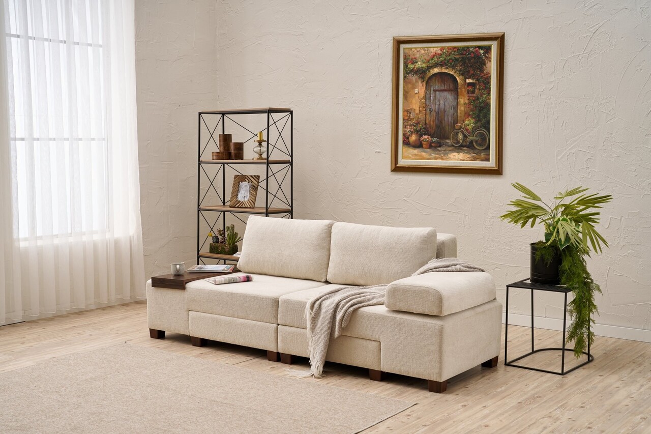 Canapea extensibila cu 3 locuri, Balcab Home, 825BLC4309, Lemn, Crem - 1 | YEO