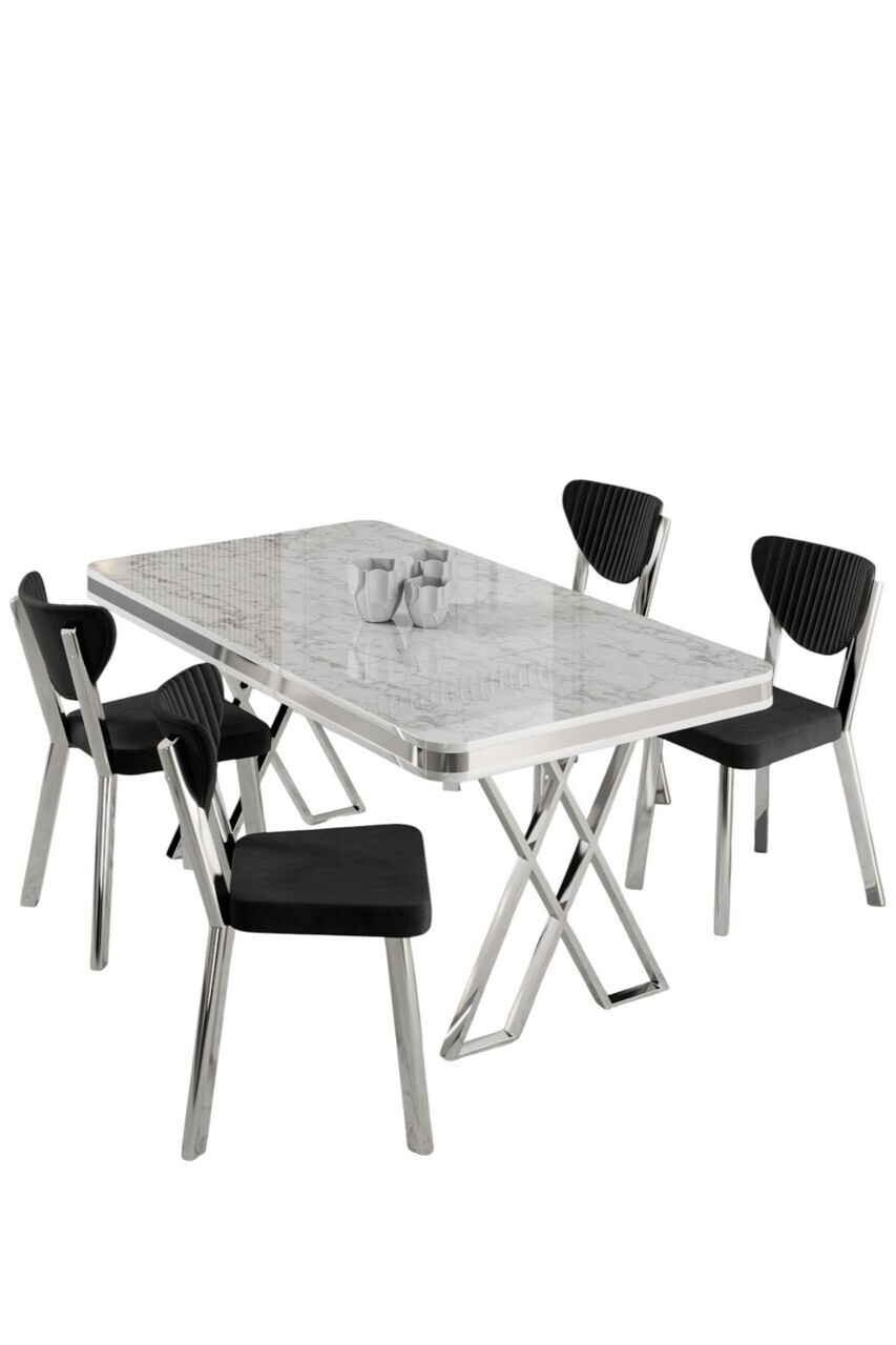 Set masa si scaune (5 piese), Hanah Home, Raja, Model de marmură albă / Crom / Negru — imaginea 2