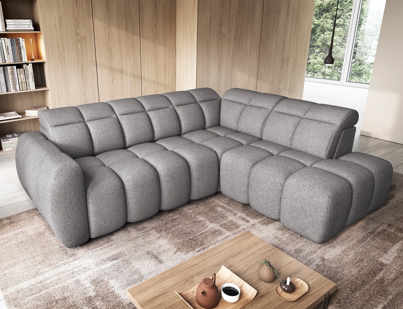 Coltar extensibil dreapta 4 locuri ELTAP, RT-04PAO, Falconn, 258x208x107 cm, lemn/poliester, gri inchis