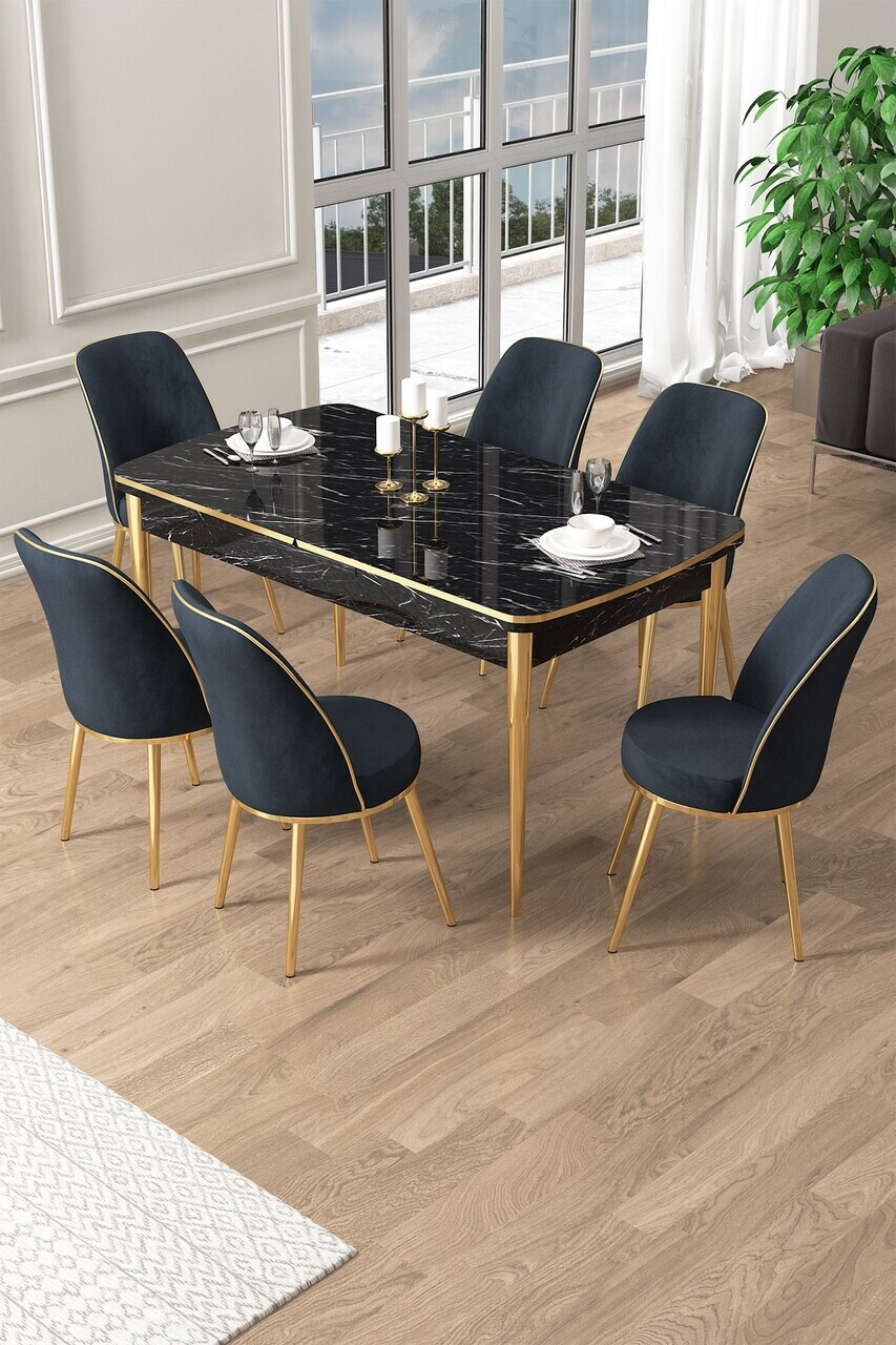 Set masa extensibila si scaune (7 piese), Hanah Home, Pale, Model de marmură neagră / Auriu / Antracit