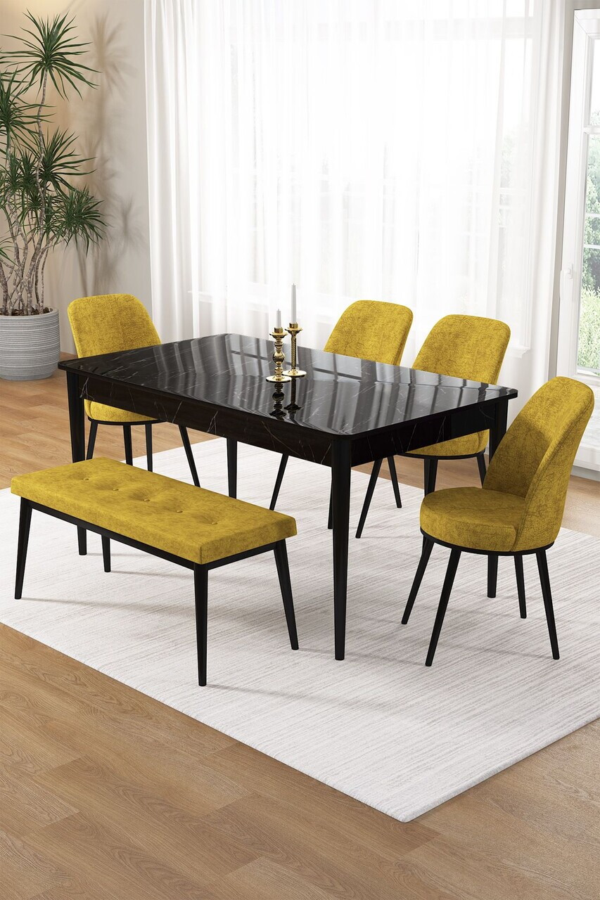 Set masa si 6 scaune, Hanah Home, Pir, Model de marmură neagră / Muștar