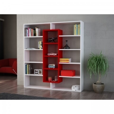Biblioteca Wooden Art, Ample White Red, 125×135.7×22 cm mezoni.ro