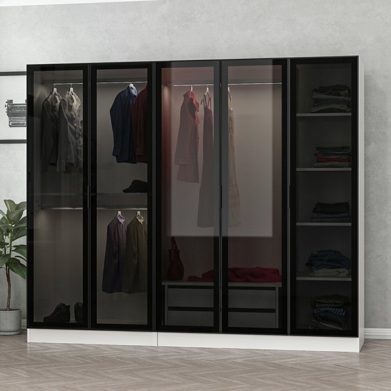 Dulap pentru haine, Minerva, Kale, 225x190x52 cm, PAL, Alb/Negru - 2 | YEO