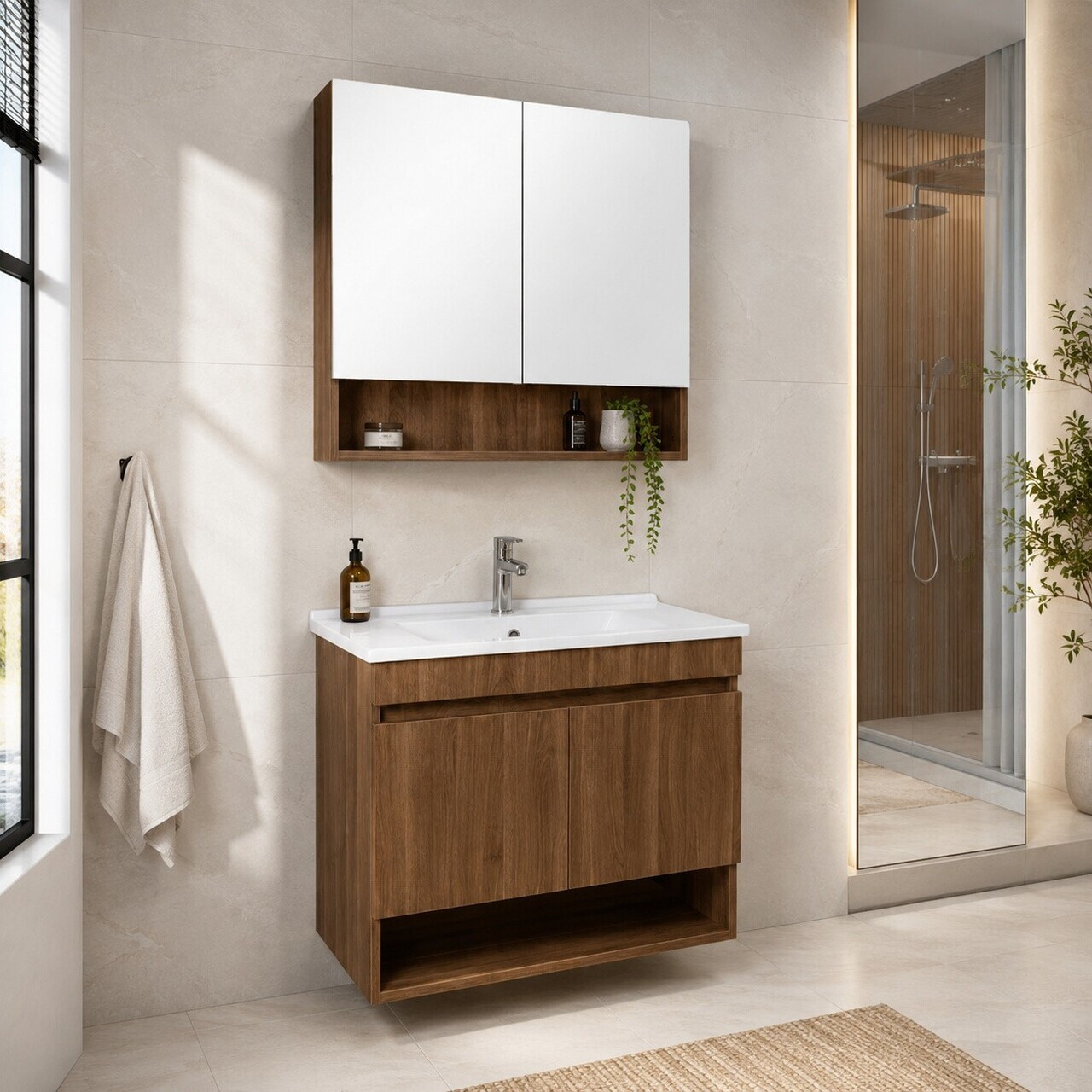 Set Dulap de Baie cu Chiuvetă și Oglindă (2 Piese), Hanah Home, Compacta 60, Nuc închis nou