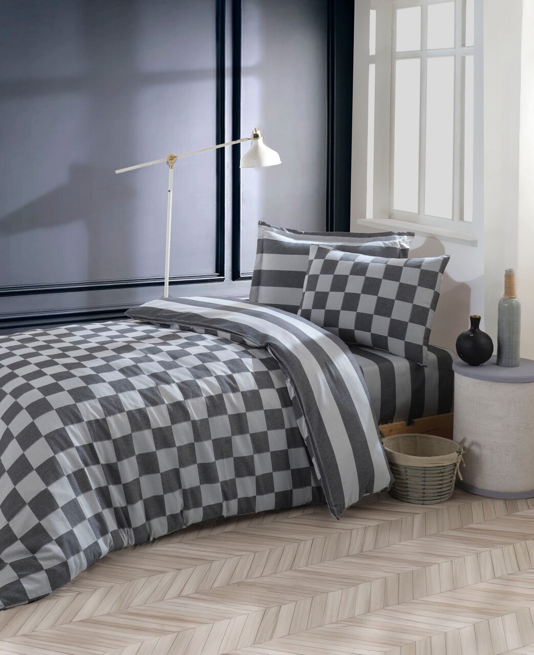 Lenjerie de pat pentru o persoana, Kareli Saten - Black, EnLora Home, 70% bumbac/30% poliester