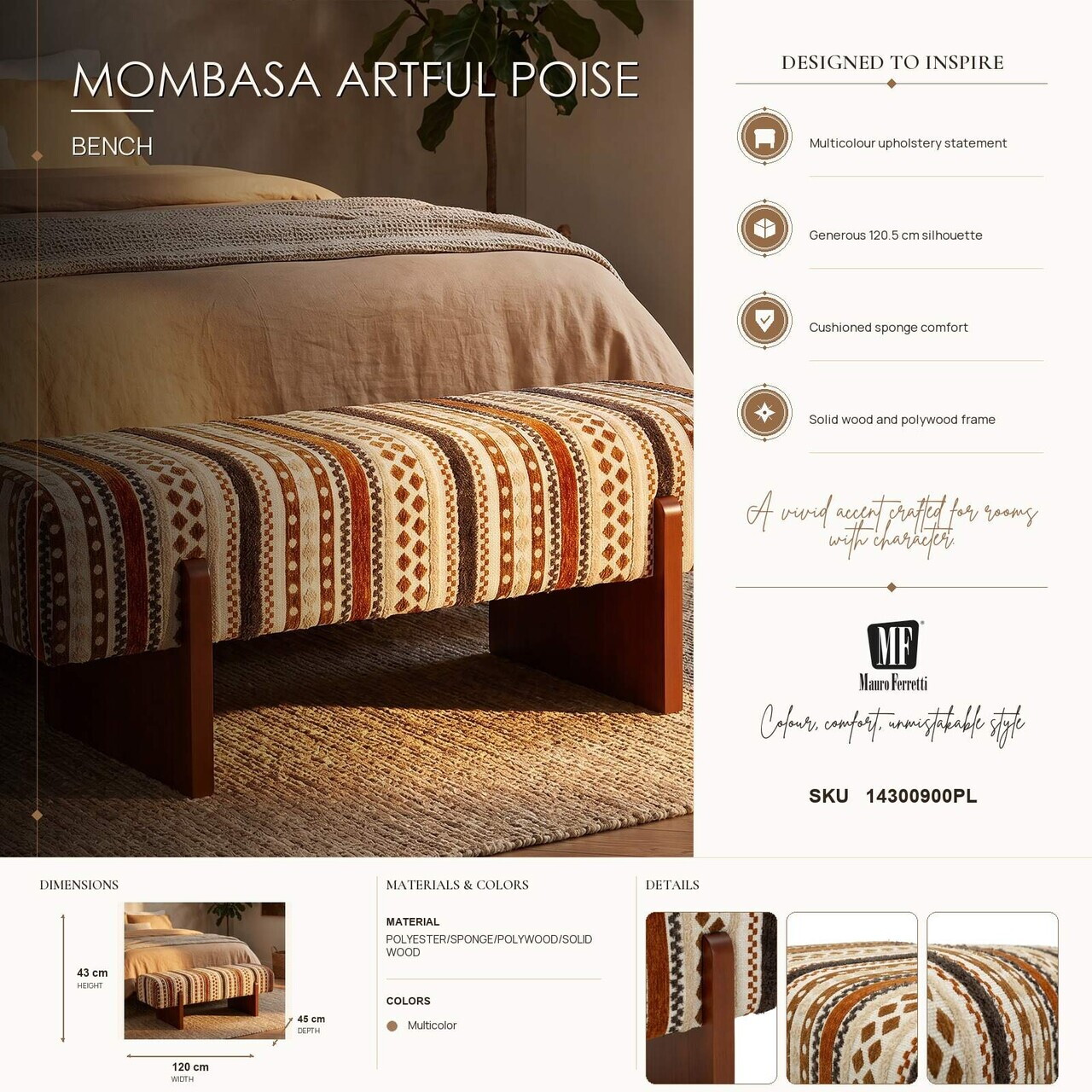 Bancheta, Mauro Ferretti, Ethnic, 120x45x43 cm, poliester/lemn masiv, multicolor — imaginea 10