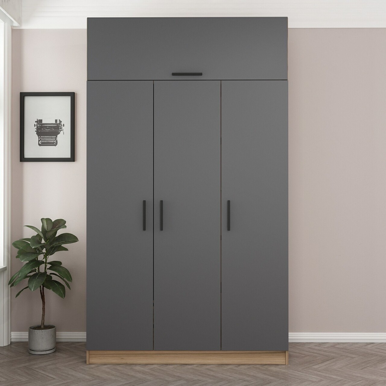Dulap pentru haine, Minerva, Minar 3 Kapak 2 Çekmece 255, 135x255x52 cm, PAL, Antracit / Dore - 1 | YEO