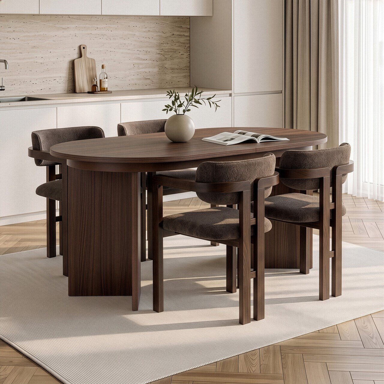 Set masa extensibila si scaune (5 piese), Nordure, Aleria 4, Nuc Milano / Nuc Închis / Maro — imaginea 3