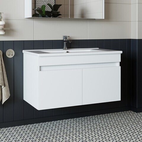 Dulap de baie cu chiuvetă, Hanah Home, 1049, 85x48x45.5 cm, MDF-LAM, Alb mat