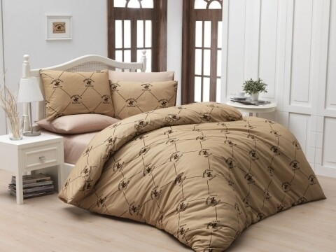 Lenjerie de pat pentru o persoana, Creamy, Beverly Hills Polo Club, 3 piese, 160 x 240 cm, 100% bumbac ranforce, crem/maro