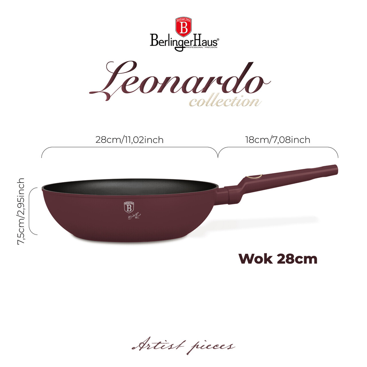 Tigaie Wok Berlinger Haus, Leonardo, 28 cm, 3.2 L, aluminiu forjat, visiniu mat - imagine 7