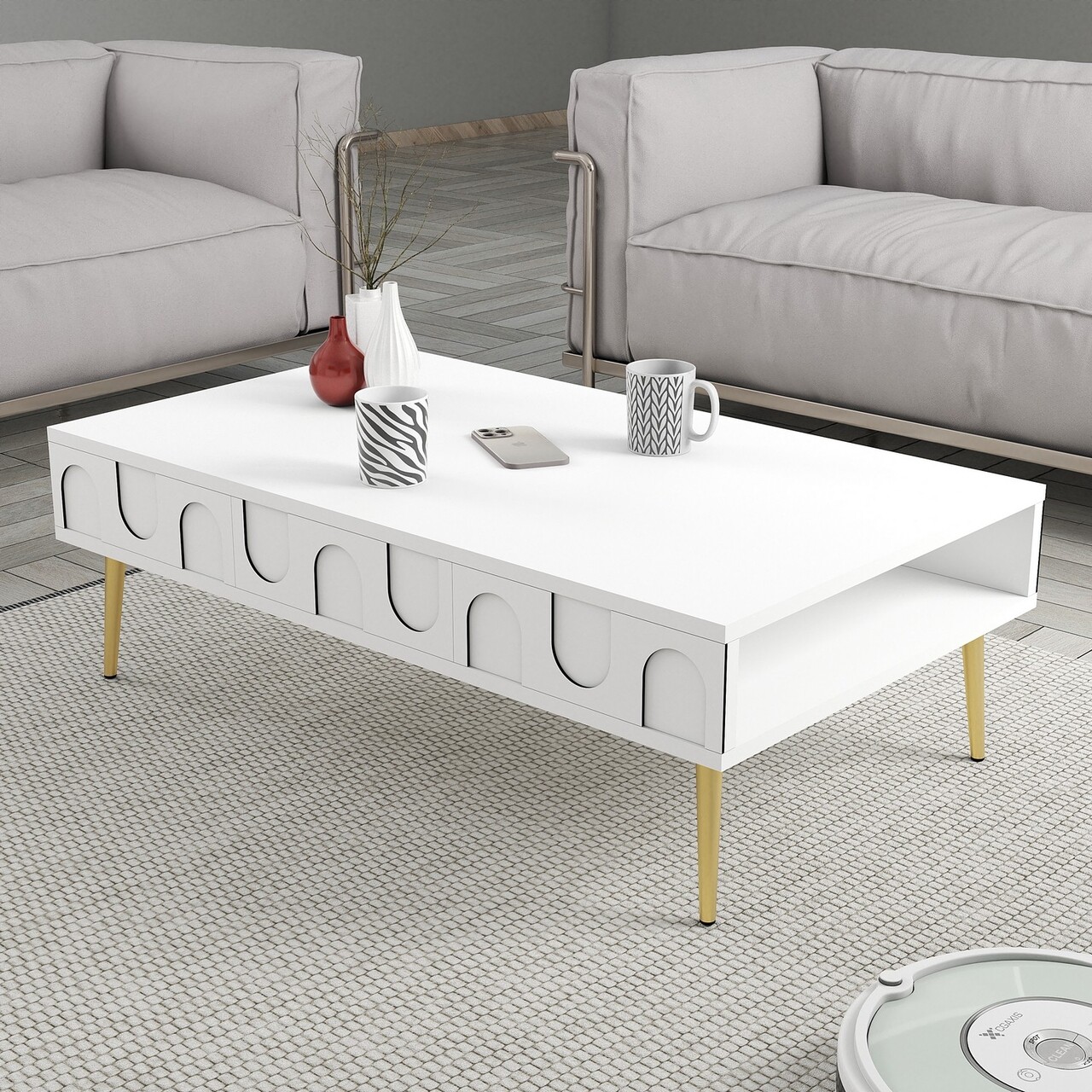 Masuta de cafea, Hommy Craft, Lyon 33, 105x33.6x60 cm, PAL, Alb/Auriu