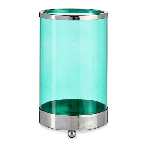 Suport pentru lumanare cylinder, gift decor, 9.7 x 9.7 x 16.5 cm, metal/sticla, albastru/argintiu