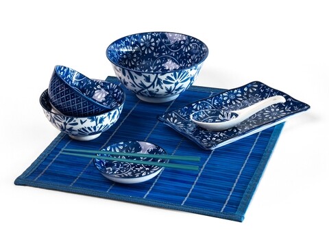 Set pentru sushi, 9 piese, Oriented Sushi Blue Flower, Excelsa, portelan/bambus