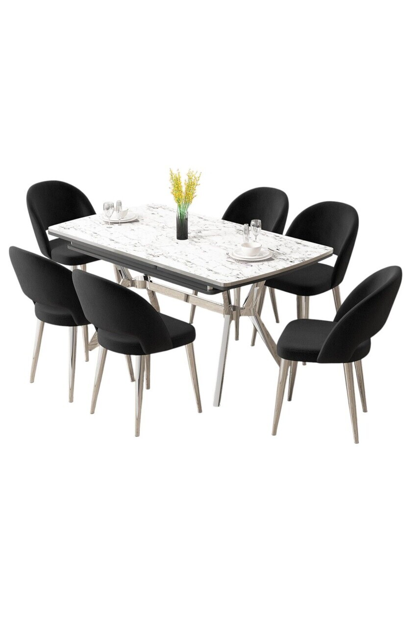 Set masa extensibila si scaune (7 piese), Hanah Home, Weps, Model de marmură albă / Crom / Negru — imaginea 2