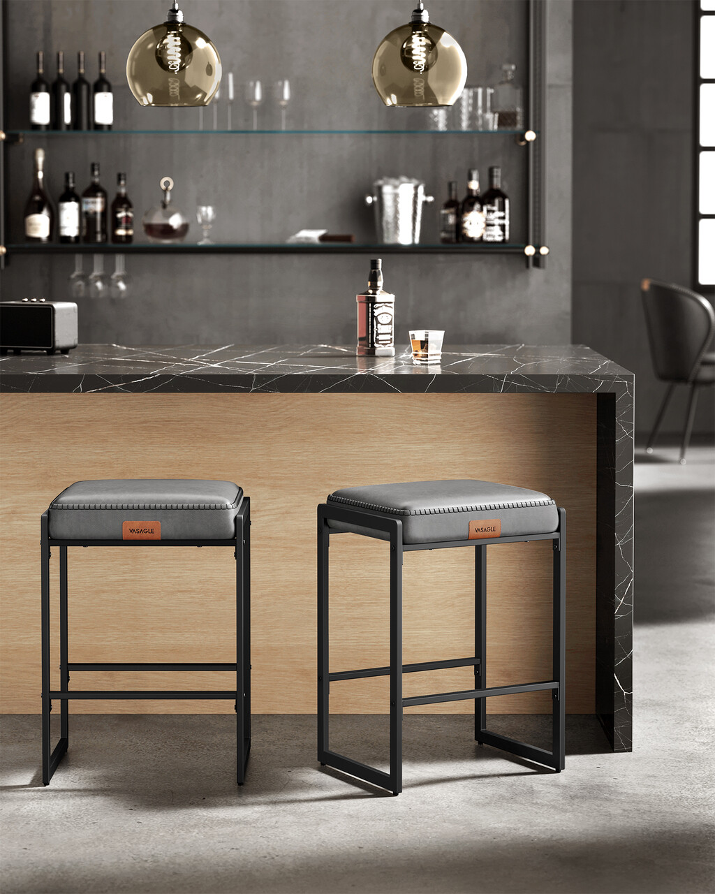 Set 2 scaune de bar, Vasagle, Ekho, 45x38x66 cm, otel/piele ecologica, gri dove - 2 | YEO