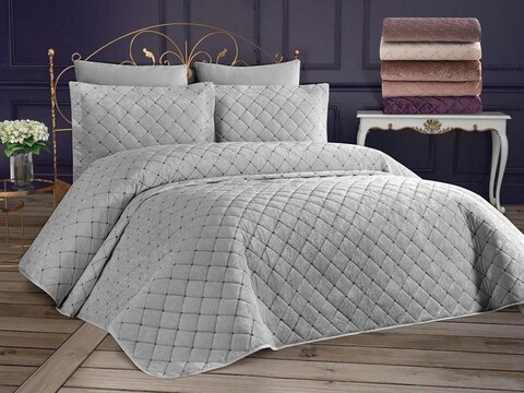 Set cuvertura de pat dubla 3 piese, Dessert - Grey, Dowry World, Catifea