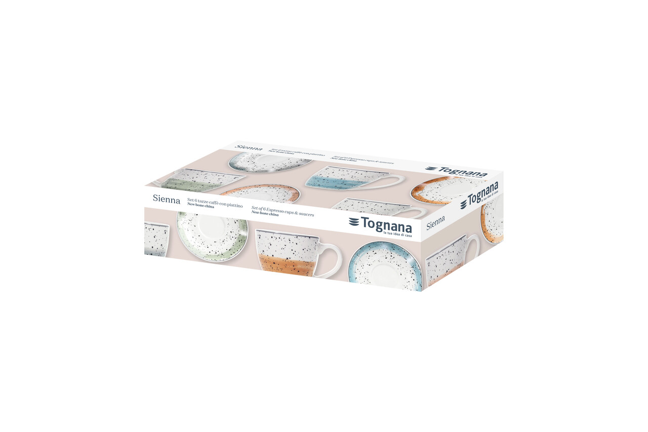 Set 6 cesti de cafea cu farfurie Iris Sienna, Tognana Porcellane, 80 ml, portelan New Bone China, multicolor