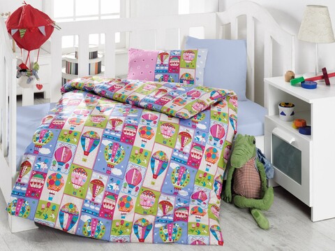 Lenjerie de pat pentru copii, 4 piese, 100×150 cm, 100% bumbac ranforce, Cotton Box, Ucan Balon, roz
