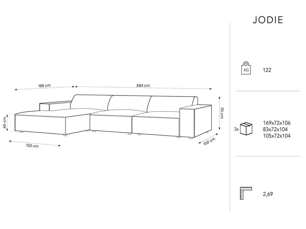 Coltar stanga 4 locuri, Jodie, Micadoni Home, BL, 284x166x70 cm, poliester Boucle, bej