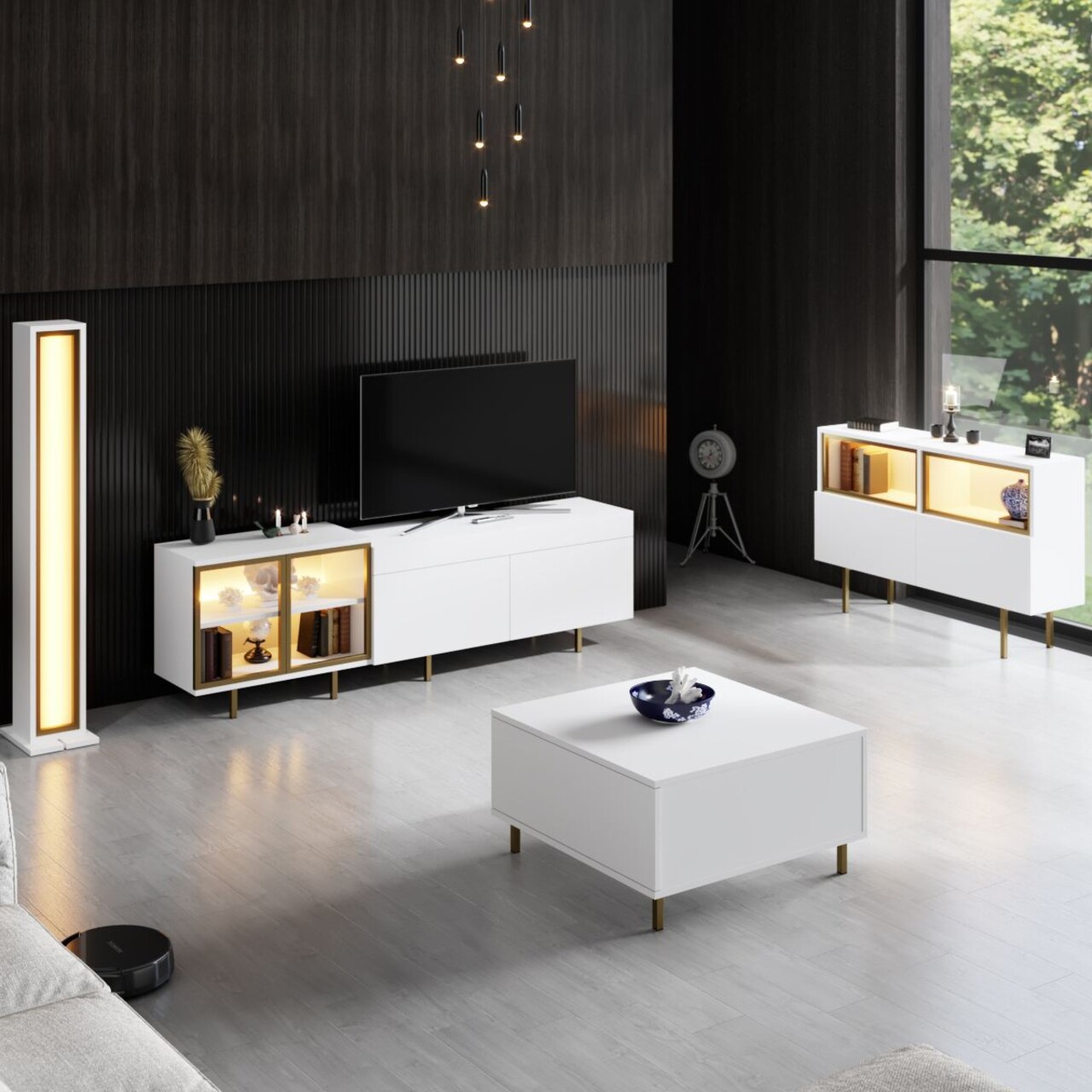 Comoda TV, Hanah Home, Vienna, 190x57x37 cm, Alb/Auriu - view 5