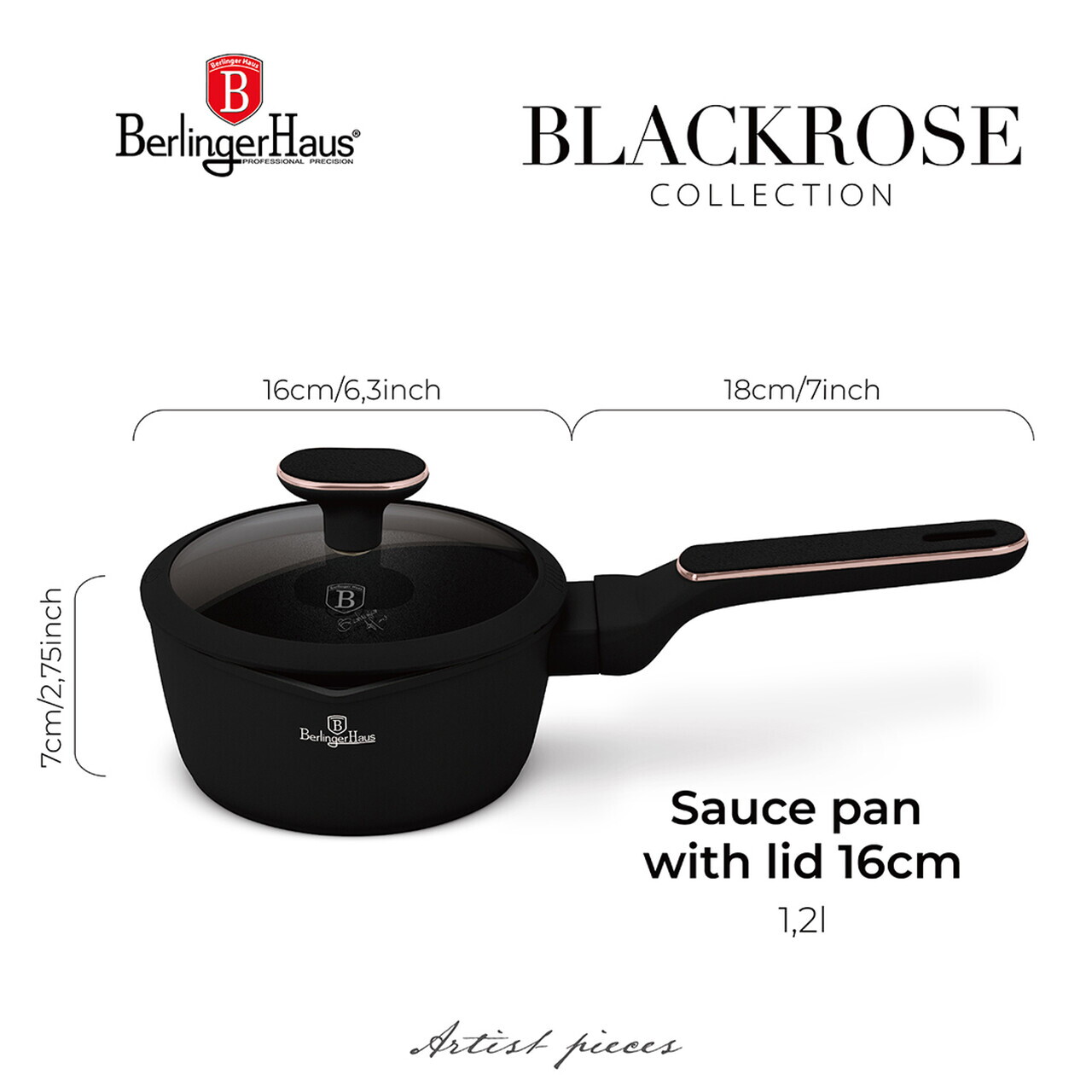 Cratita cu capac Berlinger Haus, Black Rose, 16 cm, 1.2 L, aluminiu forjat, negru mat - view 14