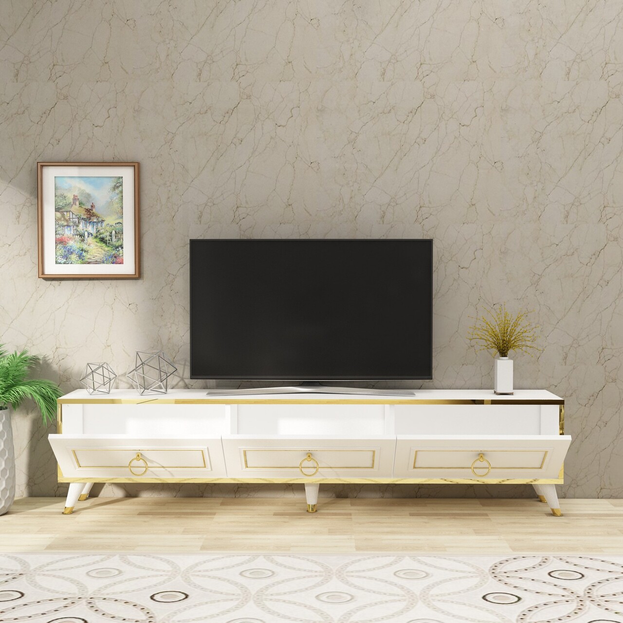 Comoda TV, Arnetti, Sona, 45x180x29.5 cm, PAL, Alb/Auriu - 2 | YEO