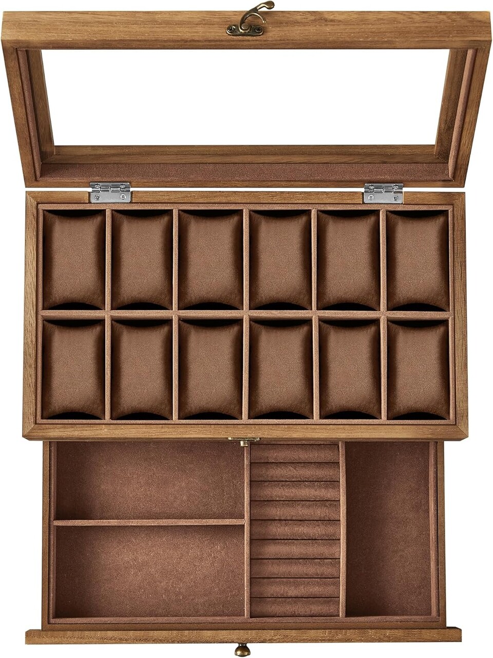 Cutie pentru ceasuri cu 2 niveluri, Songmics, 12 compartimente, 34x19x12.5 cm, lemn de paulownia/MDF, maro - 1 | YEO