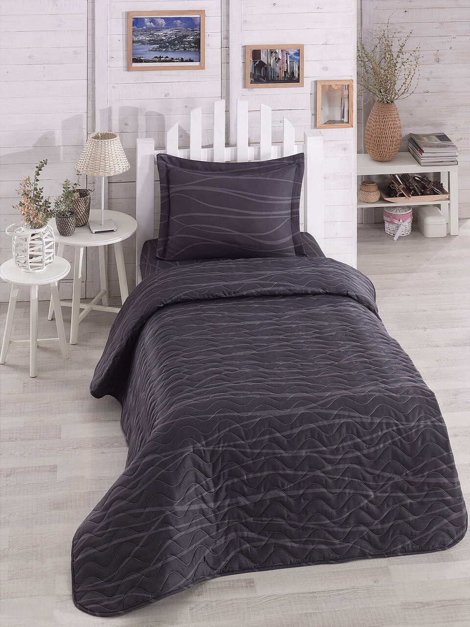 Set cuvertura matlasata Single 160x220 cm, 2 piese, Verda - Grey, EnLora Home, 65% bumbac/35% poliester