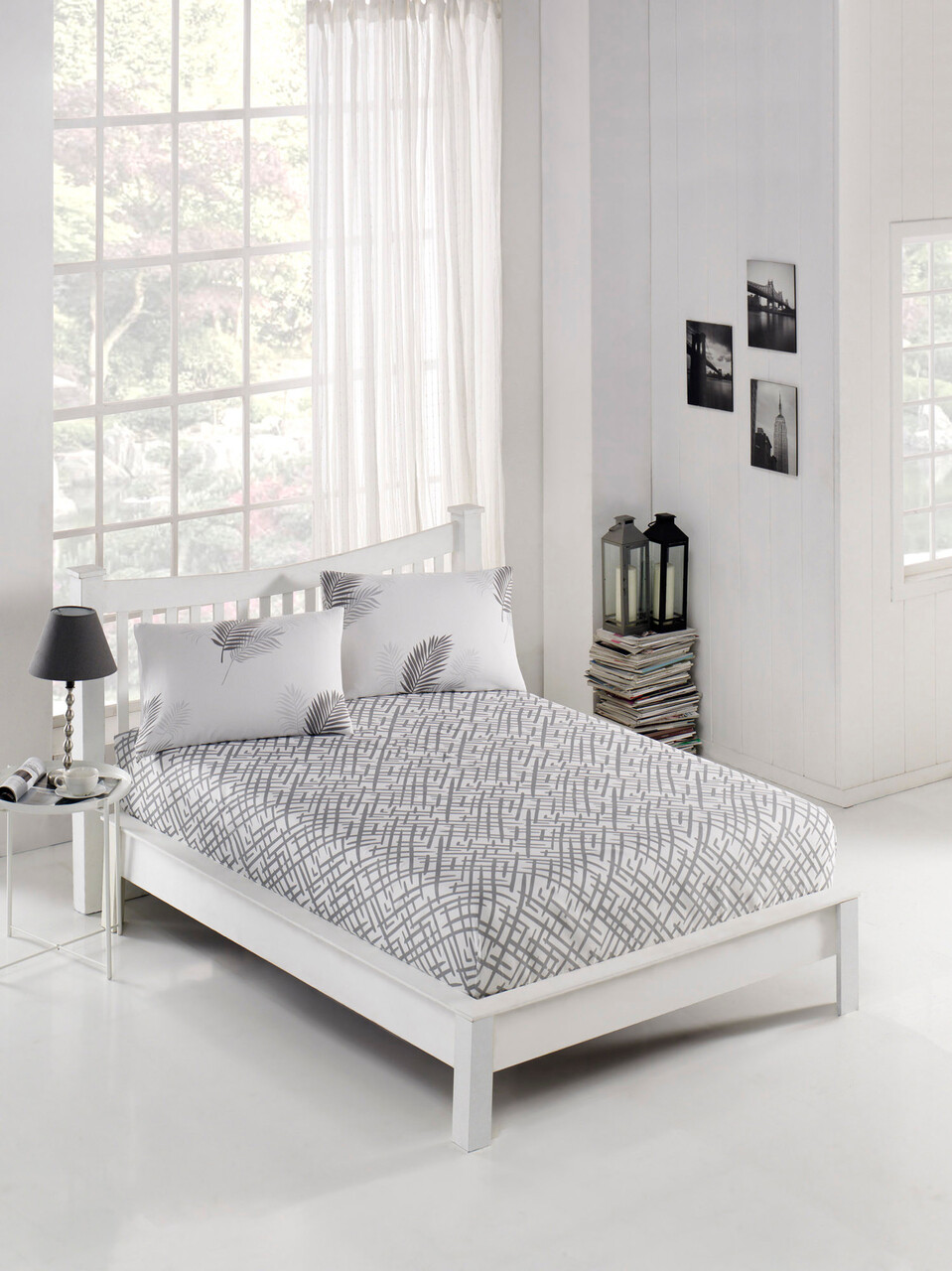 Set de pat pentru o persoana (cearceaf cu elastic si perna) 2 piese, Palma, EnLora Home, 65% bumbac/35% poliester