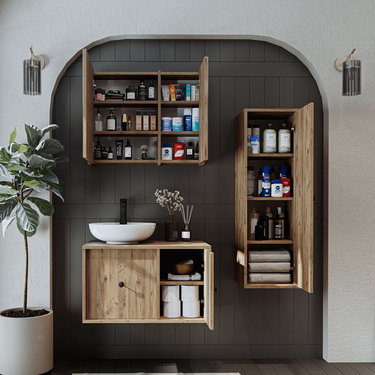 Set Dulap de Baie cu Chiuvetă și Oglindă (3 Piese), Hanah Home, 2553, MDF, Maro — imaginea 4