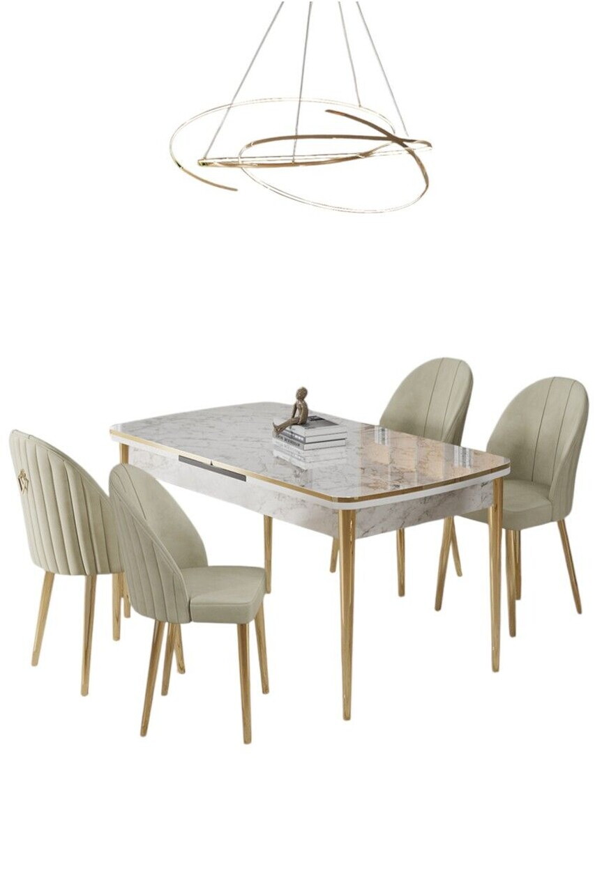 Set masa extensibila si scaune (5 piese), Hanah Home, Rada, Model de marmură albă / Auriu / Crem — imaginea 2