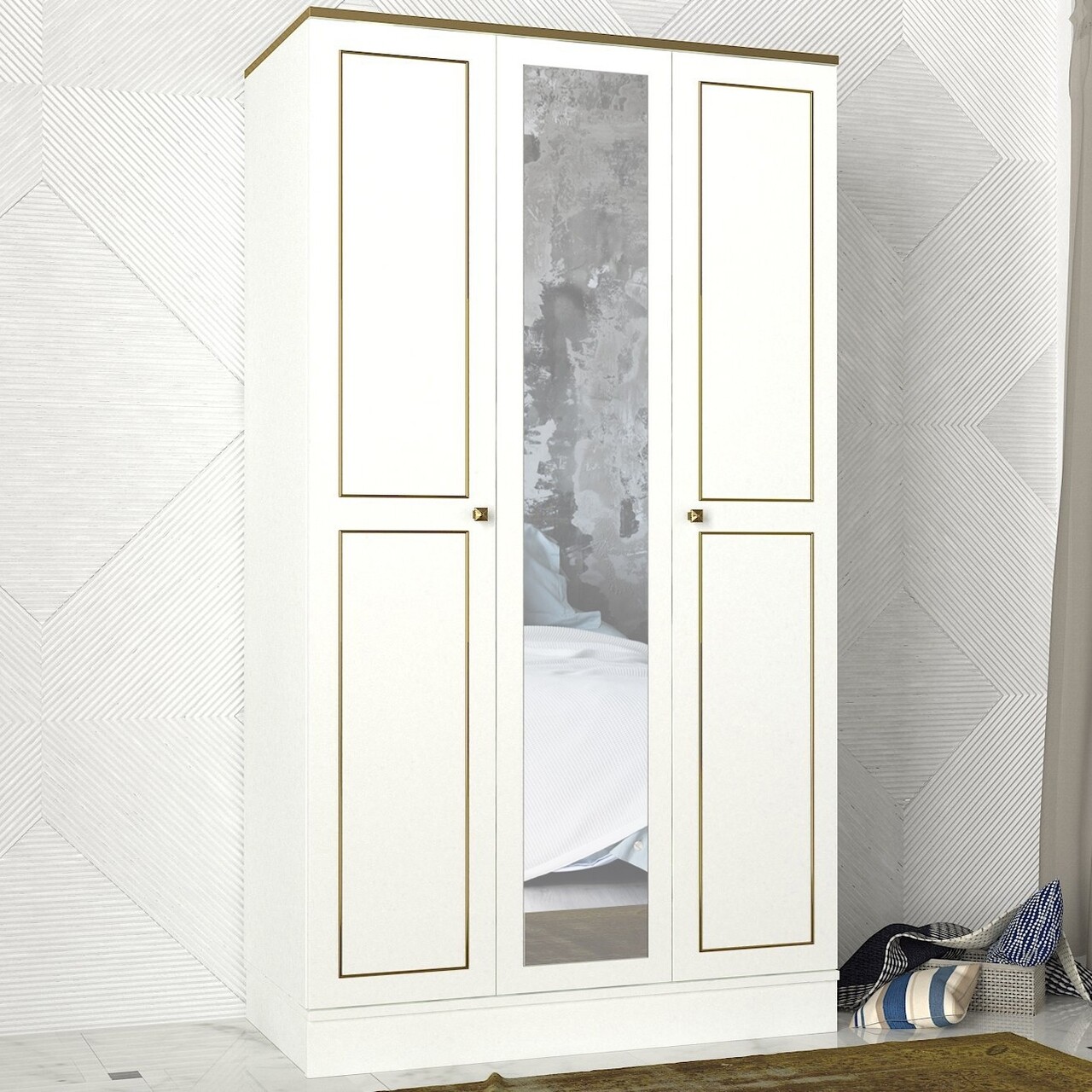 Dulap Pentru Haine Ravenna 3 Kapili White, Talon, 105 X 47.2 X 194 Cm, Alb/auriu