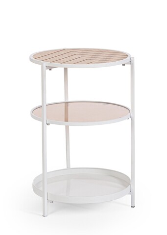 Masuta de cafea cu 3 rafturi Haldor, Bizzotto, D40x60.5 cm, otel/MDF furniruit/sticla temperata, alb/natural