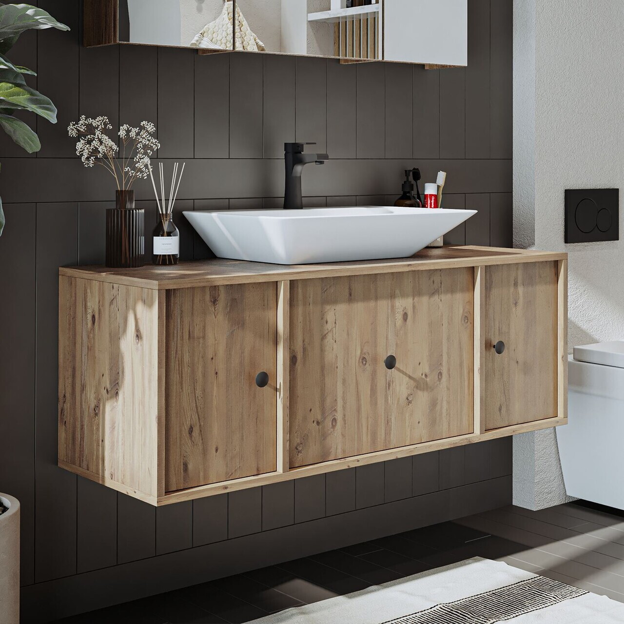 Dulap de baie cu chiuvetă, Hanah Home, 2543, MDF, Maro — imaginea 2