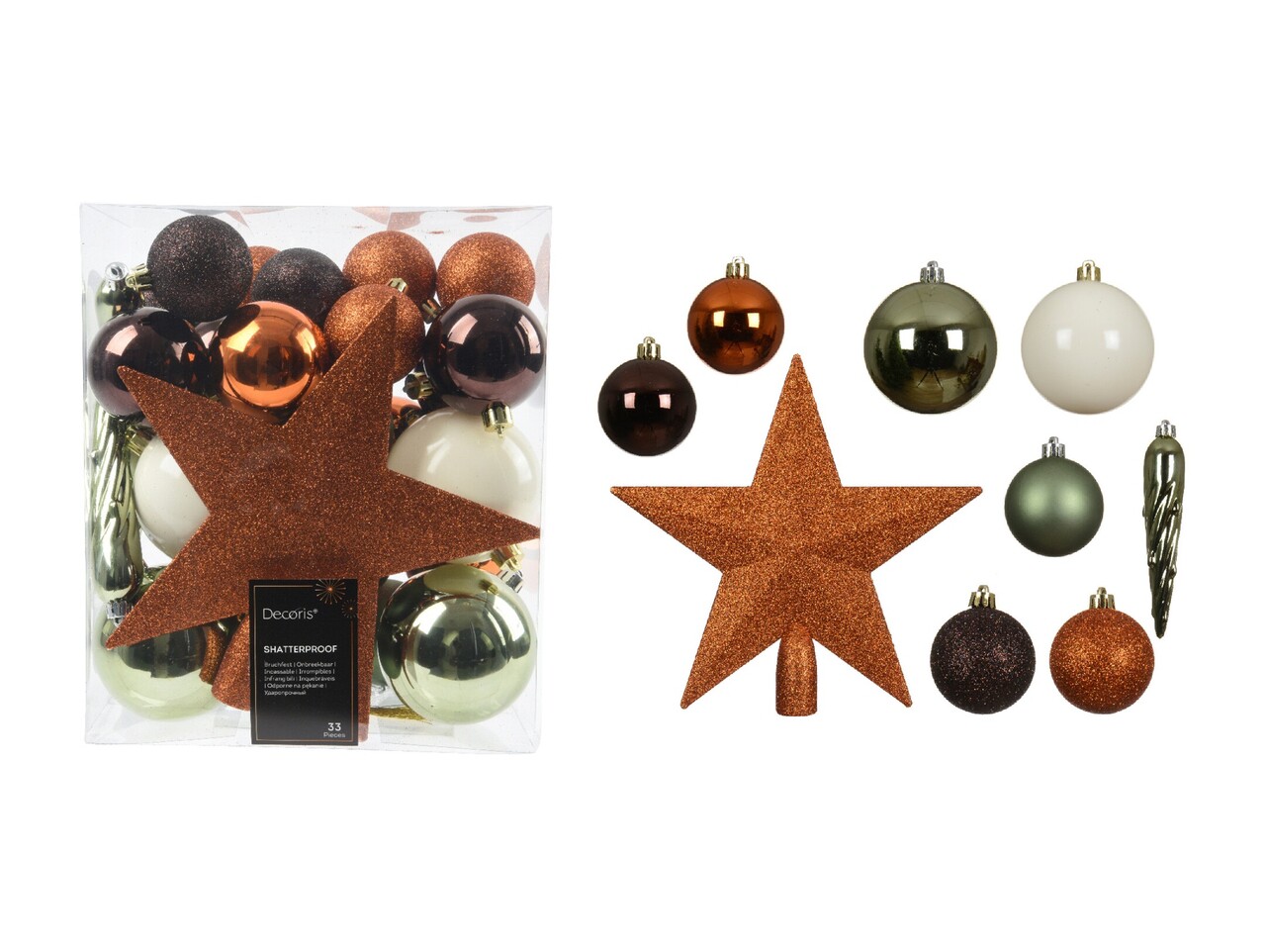 Cutie cu 33 globuri asortate si varf de brad Mixed Star Christmas, Decoris, plastic, multicolor