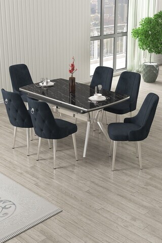 Set masa extensibila si scaune (7 piese), Hanah Home, Nis, Model de marmură neagră / Crom / Antracit