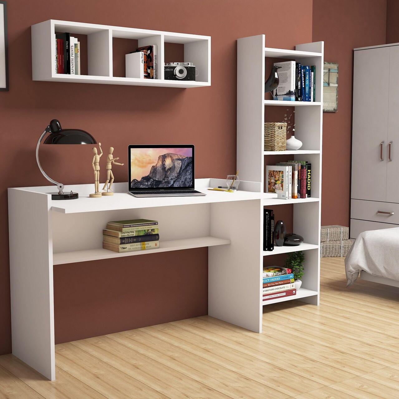 Birou cu biblioteca si raft de perete  Hera, Almaren, 118x58x80 cm, PAL, alb