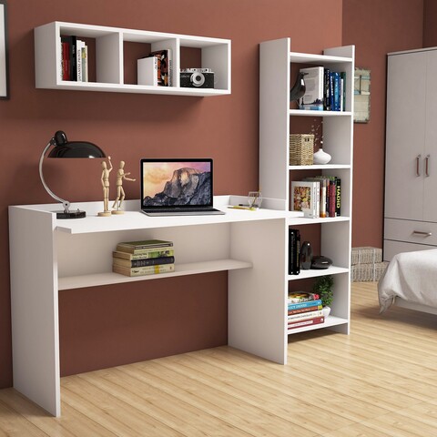 Birou cu biblioteca si raft de perete Hera, Almaren, 118x58x80 cm, PAL, alb Almaren