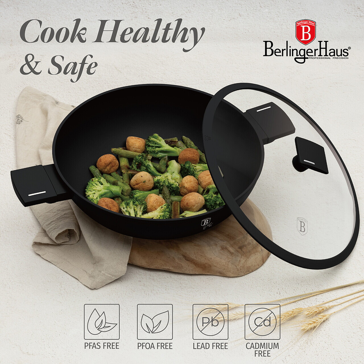 Tigaie Wok cu capac Berlinger Haus, Matte Black, 30 cm, aluminiu forjat, negru - imagine 8