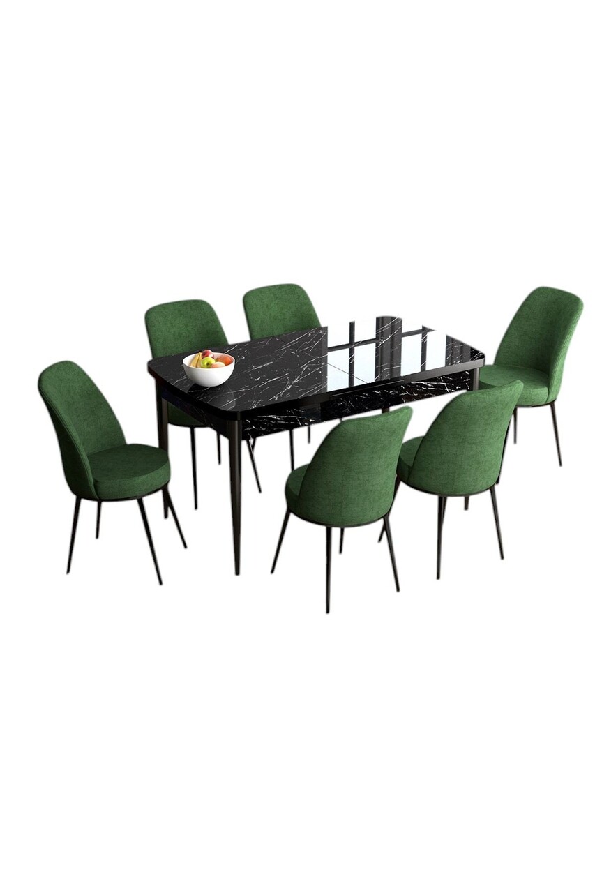 Set masa extensibila si scaune, Hanah Home, Han, Marmură neagră / Kaki - imagine 2