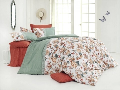 Lenjerie de pat pentru o persoana, 3 piese, 100% bumbac ranforce, Nazenin Home, Butterfly Brick Red, multicolora