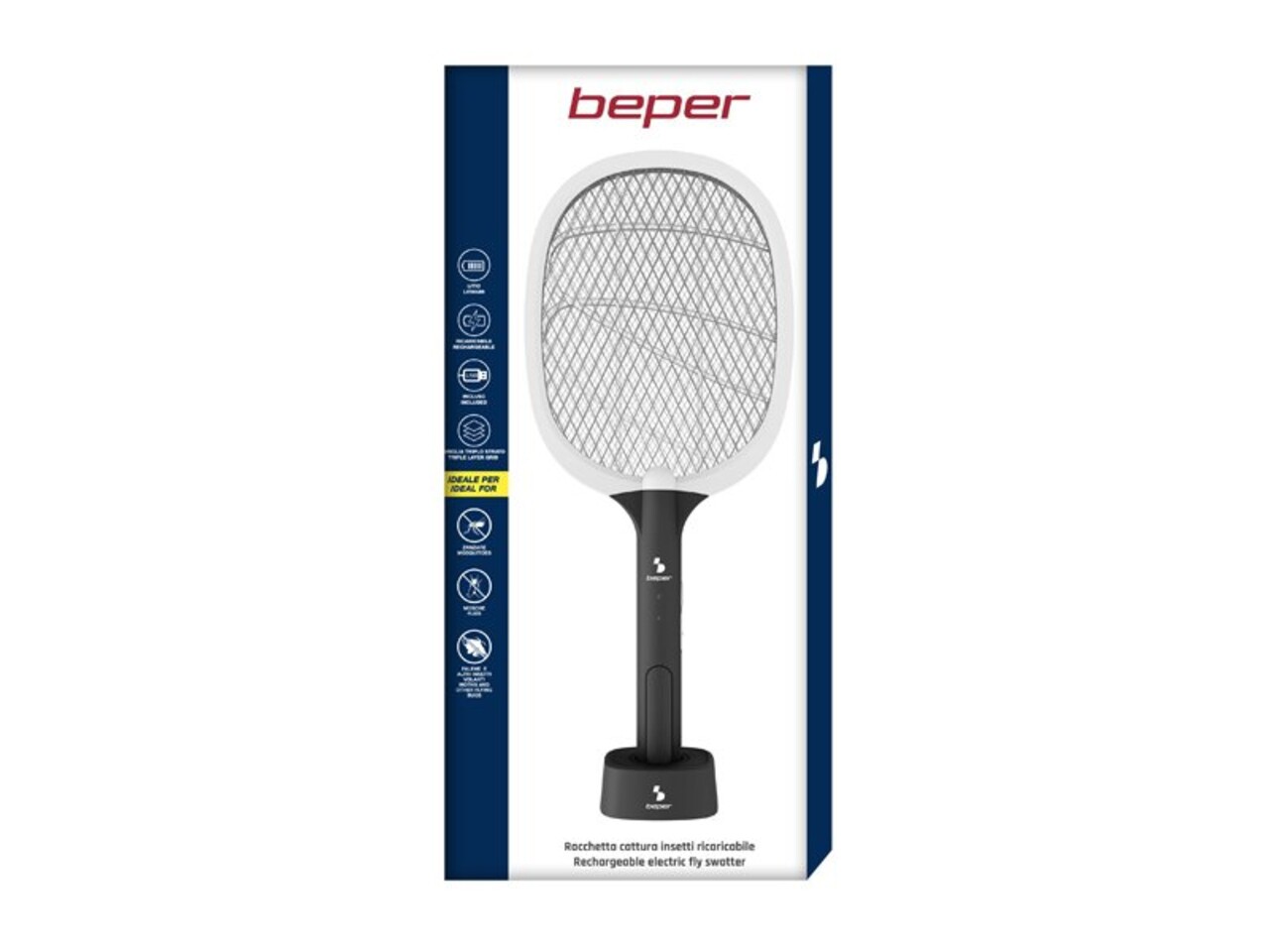 Paleta electrica impotriva insectelor Beper, 2 W, 9x7x53 cm, metal/ABS, negru/alb