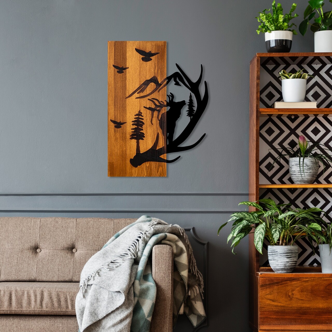 Decoratiune de perete, Deer and Mountain, Lățime: 43 cm Înălțime: 58 cm Adâncime: 3 cm, Nuc / Negru - view 2