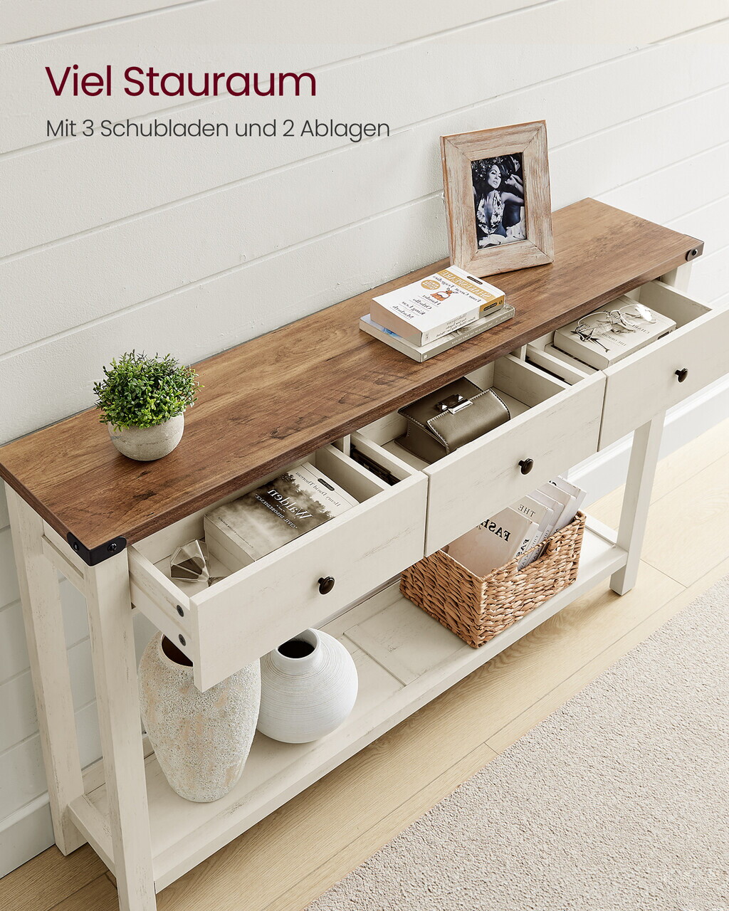 Consola cu 3 sertare si raft, Vasagle, 120x24x76 cm,  MDF/PAL/otel, maro miere/alb vintage - imagine 2