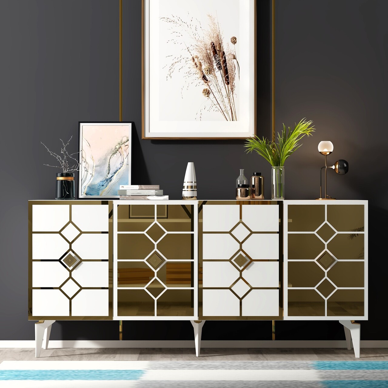 Consola, Olivia, Irmak, 150x40x79 cm, PAL , Alb/Auriu - 1 | YEO
