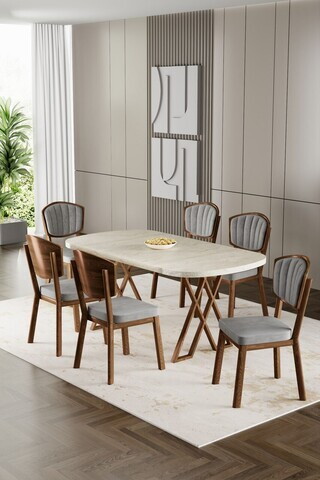 Set masa si scaune (7 piese), Hanah Home, Flori, Travertin / Aspect de lemn / Gri